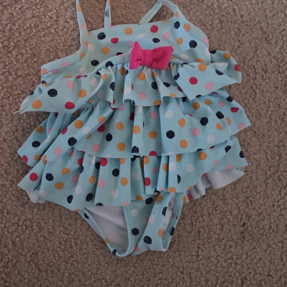 Kids Polka Dot Ruffle One-Piece Swimsuit with Pink Bow - Aqua
